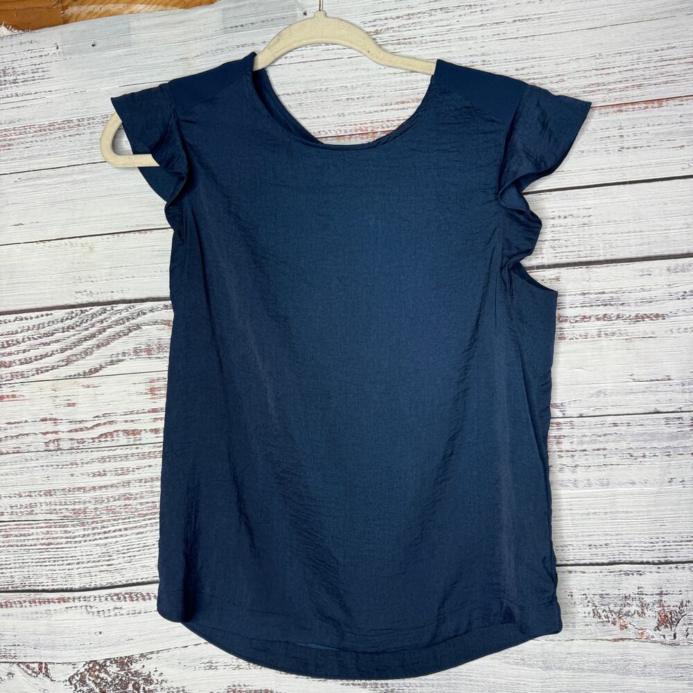 Anthropologie Harlow & Graham Navy Blue Ruffle Sleeve Satin Blouse Sm